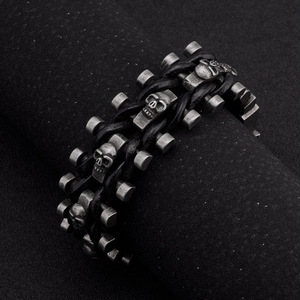 Moda takı bilezikler vintage kemer tokası deri kafatası dokuma bilezik paslanmaz çelik kafatası bilezik - Product Image 2