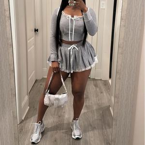 Latest Hooded Long Sleeve Lace <b>Patchwork</b> Mini Sports Pleated <b>Skirt</b> Women Sets Fashion - Product Image 2