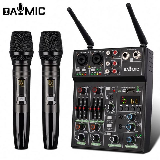 Professional Two UHF Wireless Microphone With Audio Mixer Kit Small 4 Channel Audio Mixer With Microphones