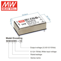 Convertidor CC-CC Aislado MEAN WELL SKM50W8 de 50W, Ultra Ancho 8:1, 9-75Vcc a 5V 12V 15V, DIP de 2"x1", Aislamiento de 3KVcc, 3 Años de Garantía