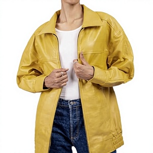 Women's Genuine <b>Leather</b> Utility <b>Jacket</b> Full Sleeve Turn-down Collar Zipper Closure <b>Long</b> Length Autumn Style Customized Color - Product Image 1