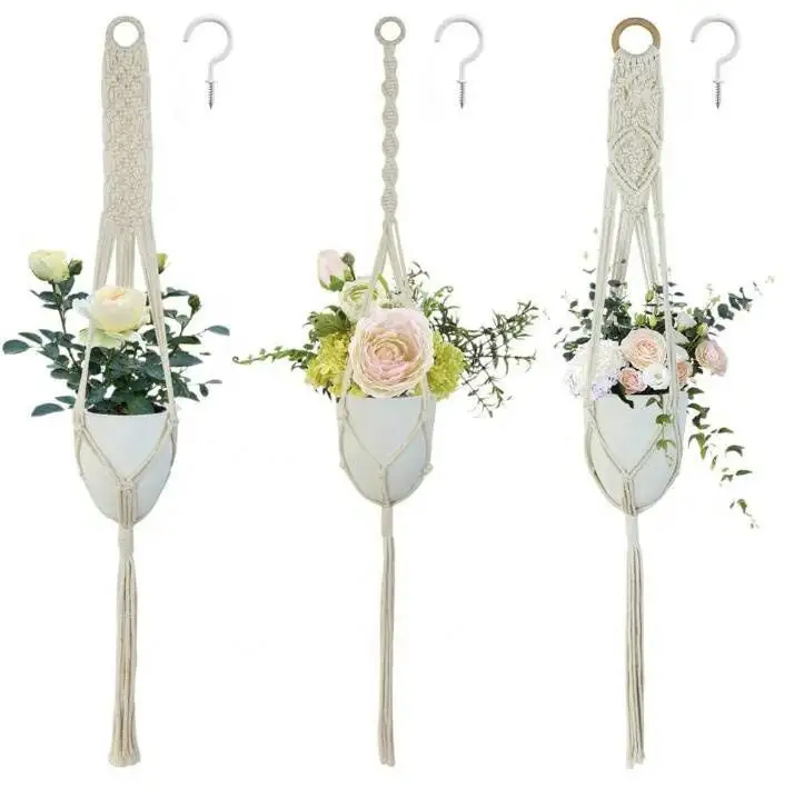 Macrame Plant Hanger 3 Haken Indoor Outdoor Opknoping Planter Mand Set Katoenen Touw Bloempot Houder Boho Home Decor 39 inch