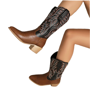 Botas Vaqueras Occidentales de Mujer de Moda, de Caña Alta, con Punta, sin Cordones, Pantorrilla Ancha, Bordadas, Tacón Cuadrado, Aislantes para Invierno, Personalizables - Product Image 4