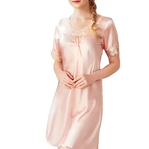 Hot Selling High Quality Luxury Short Sleeved Pajamas Evening Dress Women's Lace Nightdress Satin