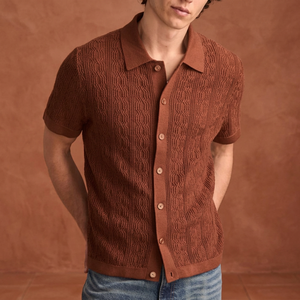Chemise décontractée à manches courtes boutonnée en tricot texturé pour homme, coupe ample, respirante, lavable en machine, style rétro, marron, tailles S-XXL, pour jeunes - Product Image 3
