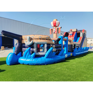 Château gonflable combiné avec parcours d'obstacles sur le thème du bateau pirate, double toboggan, PVC de qualité commerciale, capacité de 500 kg, mur d'escalade - Product Image 2