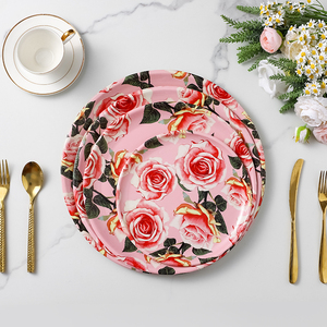 Assiettes réutilisables en plastique <span class=keywords><strong>rose</strong></span> Jumpforever décorations de dîner de mariage à fleurs roses assiettes en plastique pour mariage - Product Image 3