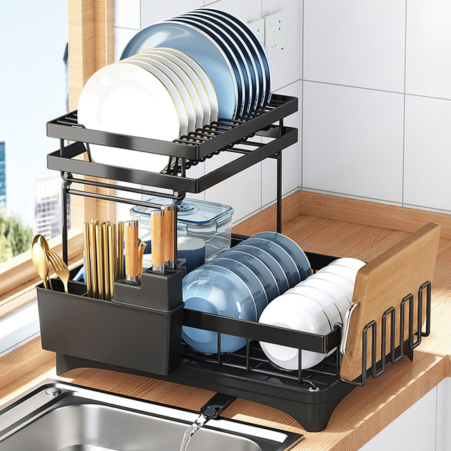 Multifunctional Wire Kitchen Organizer 2 Tier Black Dish Drying Rack with Utensil Holder