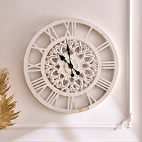 Jam Dinding Kayu Rustic Satu Sisi Motif Still Life Finishing Putih Antik Jarum Quartz Tampilan Tebal 30mm Baterai AA
