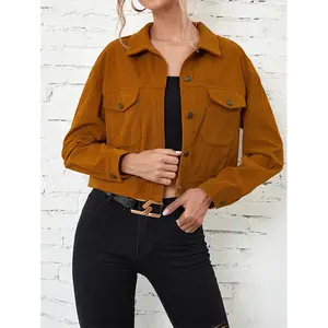Casual Breathable Polyester Spandex Lapel Corduroy Long Sleeve Cutoff Brown Coat Women's Jacket