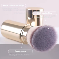 Kuas Rias Wajah Bulu Sintetis Rose Gold, Kuas Foundation, Kuas Kipas Pipih, Gagang Logam untuk Perona Pipi