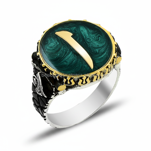 925K Sterling <b>Silver</b> Green Enamel Art Alif Ottoman Tugra <b>Men</b> <b>Ring</b> - Product Image 2
