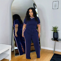 Ensemble 2 pièces sexy pour femme, haut à manches courtes et pantalon long, survêtement côtelé à rayures contrastées, grandes tailles – Grande Vente