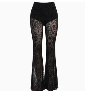 Pantalon évasé Gothique Vintage Sombre pour Femme, en Tissu Floqué et Maille Transparente, Taille Haute, Style Grunge Punk Slim, Vêtement Alternatif Sexy - Product Image 5