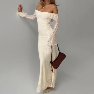 Vestido Maxi de Encaje Color Marfil con Hombros Descubiertos, Manga Larga, Cintura Fruncida, Elegante Vestido de Noche, Superventas - Product Image 1