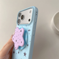Casing iPhone 18 Pro Max 17 16 Latar Belakang Biru Korea Bertabur Bintang, Dudukan Magnetik, Premium Hard Shell Semi-Covered