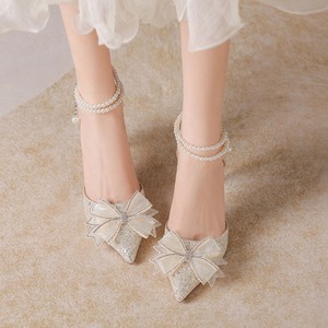 6692-19 Pearl Chain Beaded Bow Heels Graduation Party Shoes PU Leather Exquisite Luxury Adult Ceremony - Product Image 3