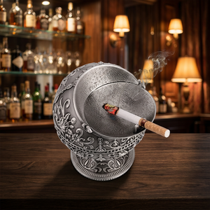 <b>Vintage</b> Round Stainless Steel Desktop <b>Ashtray</b> with Ornate Floral Design for Home Use - Product Image 1