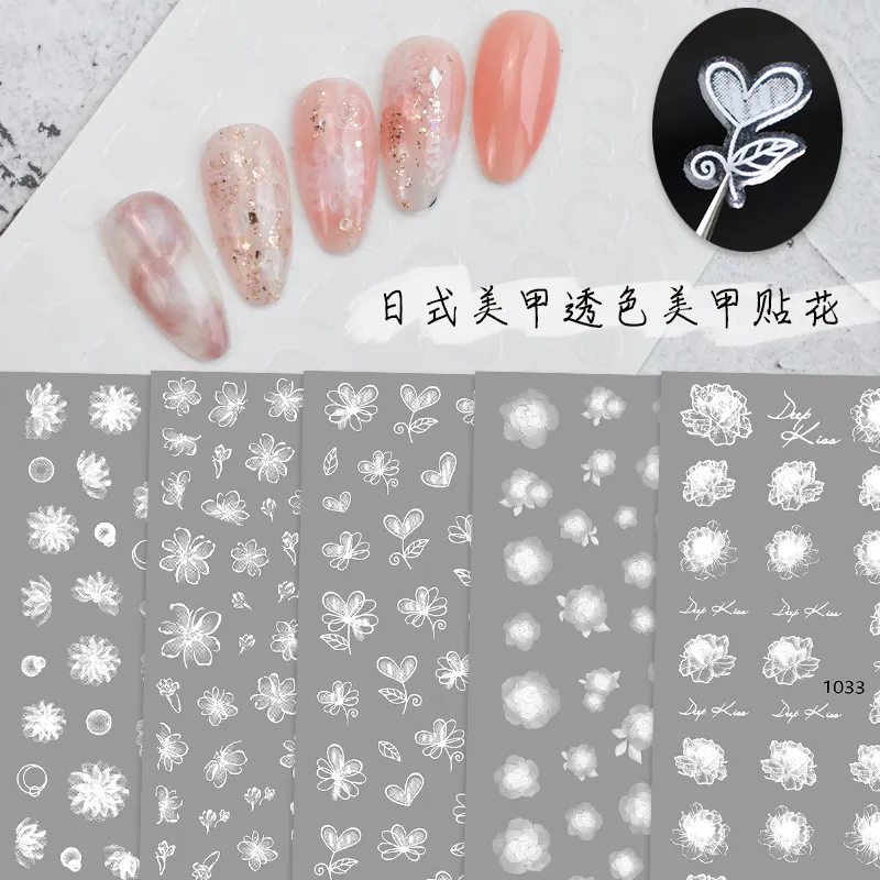Party Joy Spring Embossed Gradient White Flowers Decal Popular Design 3D Bride Manicure Decoration Nail Art Sticker for DIY