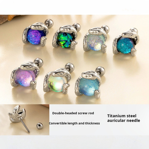 Boucles d'oreilles en acier inoxydable avec serpent en cuivre enroulé autour d'une pierre de lune |   Bijoux de piercing à double fil pour femmes et hommes - Product Image 2