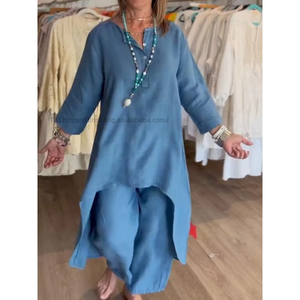 Summer New Solid Color Casual Long Sleeve Cotton Linen Long <b>Tops</b> Long Pants Women's 2 Piece Set Digital Breathable Eco-Friendly - Product Image 3