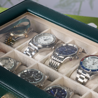 Boîte à montres et bijoux à deux niveaux en cuir grain litchi avec couvercle en verre, tiroir coulissant et doublure en peluche – Vente en gros OEM ODM