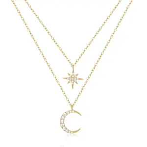 Женское серебристое колье Carline, серебристое Двухслойное ожерелье с подвеской в виде Луны и звезды, 18 карат