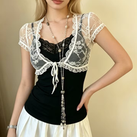 Set atasan bolero renda kasual chic 2 potong, atasan kemben hitam berbahan ribbed, rok pendek polos warna floral dengan detail mesh dan tali depan, lengan pendek, cepat kering