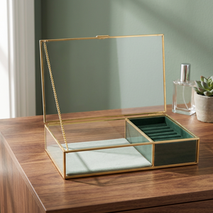 Boîte à bijoux en métal et verre transparent avec finition dorée - Product Image 3