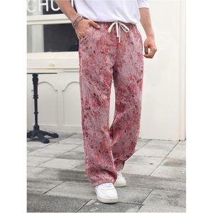 FOXA Men's Floral Pants Straight Leg <b>Drawstring</b> Waist Breathable Cotton <b>Trousers</b> With Pockets Streetwear - Product Image 5