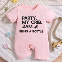 Romper Bayi Harga Grosir Murah Warna Pink Lengan Pendek Motif Huruf Cetak Transfer Panas Bahan Spandex/Polyester Kancing Jepret untuk Bayi