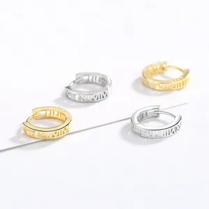 Anting-anting Hoop angka Romawi mode baru Korea grosir sederhana klasik emas lapisan perak 925 perhiasan untuk wanita