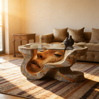Table basse artistique, sculpture irrégulière, table d'appoint, table basse, verre, fabrication artisanale, design unique, statue de visage humain, mobilier de salon
