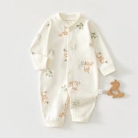 Baumwollgestrickter Wasserdichter Atmungsaktiver Weicher Sicherer Niedlicher Cartoon-Druck Knöchellanger Unisex Baby-Strampler mit Langen Ärmeln und Druckknöpfen