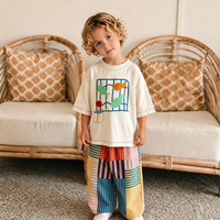 Ventes en gros de pantalons à jambes larges en coton biologique personnalisés, ensemble de t-shirts à imprimé patchwork rayé, ensemble de vêtements pour enfants
