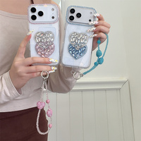 Coque de protection transparente de luxe scintillante avec strass en forme de cœur pour iPhone 18 17 Pro Max 16 15 14 avec dragonne perlée