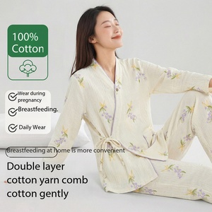 Conjunto de Pijamas de Maternidad <span class=keywords><strong>para</strong></span> Mujer, 100% Algodón, Estampado Floral, Doble Gasa, Ropa de Dormir <span class=keywords><strong>para</strong></span> <span class=keywords><strong>Embarazadas</strong></span> - Product Image 1