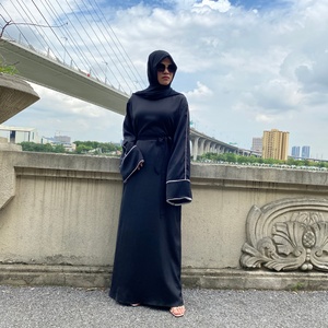 6472# Nida Material Simplicity Solid Color With White Line Fashion Dress Ladies Muslim Abaya Dress - Product Image 3