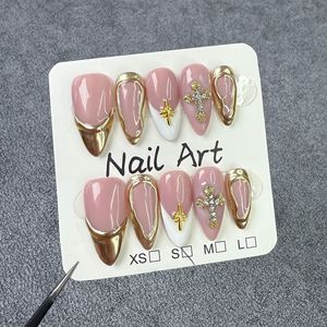 TSZS 10 <span class=keywords><strong>Uñas</strong></span> Acrílicas Medianas en Forma <span class=keywords><strong>de</strong></span> Almendra, Hechas a Mano, con Flores 3D, Gotas <span class=keywords><strong>de</strong></span> Agua y Diamantes <span class=keywords><strong>de</strong></span> Imitación, Pintadas a Mano, Desmontables - Product Image 5