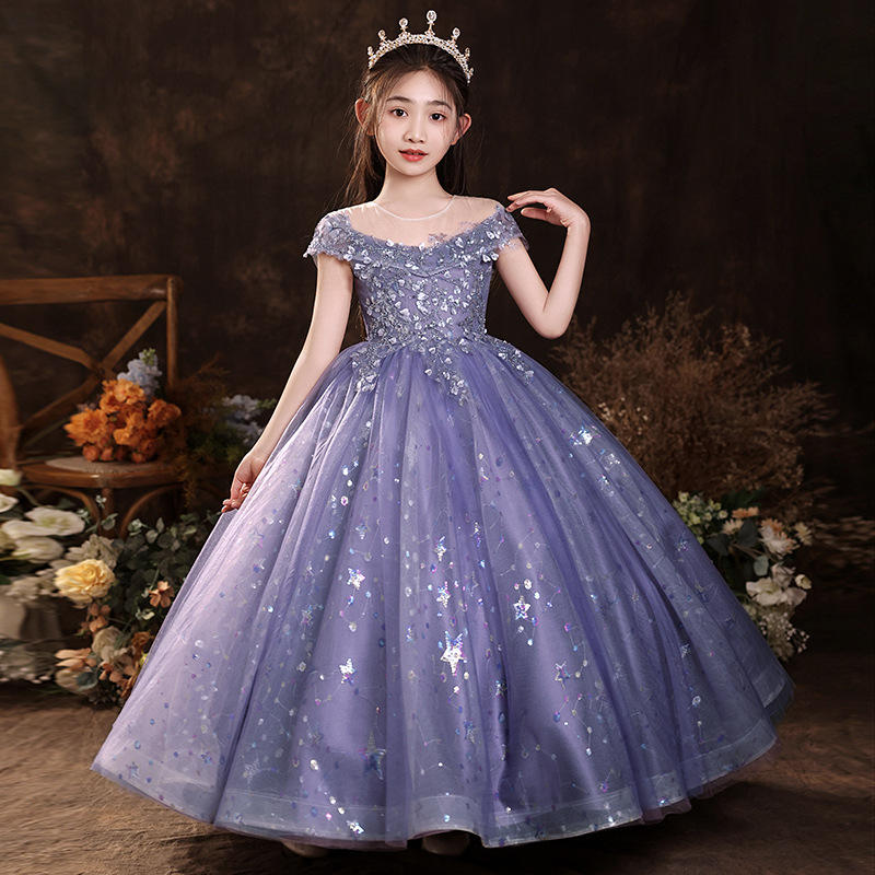 Lovely Girl Purple Diamond Princess Evening Dress Children Elegant Birthday  Party Wedding Performances Piano Dress