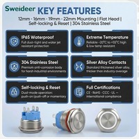 Interrupteur à bouton-poussoir métallique éclairé Sweideer 12mm 16mm 19mm 22mm IP65 en acier inoxydable avec symbole d'alimentation LED et connecteur