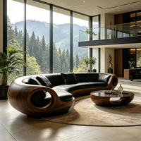 Hohlgeschnittenes, kreisförmig gebogenes Mehrpersonen-Sofa aus schwarzem Echtleder mit Holzmaserung und Fiberglasrahmen für große Wohnzimmer und Villen