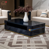 Meja Kopi Mewah Italia Modern Warna Biru Piano Lacquer Berlapis Cermin Rangka Kayu Penyimpanan 4 Laci Inlay Logam Perabot Ruang Tamu