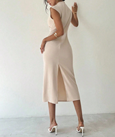 Robe Midi Femme OEM/ODM en Satin Champagne, Col Montant, Sans Manches, Taille Froncée, Moulante avec Fente