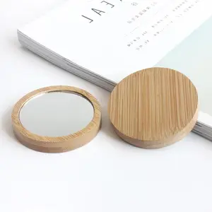 Gloway Laser Engraving Logo Mini Round Circle Bamboo Wooden Small Hand Compact Purse Portable Makeup Mirror Beauty Mirror