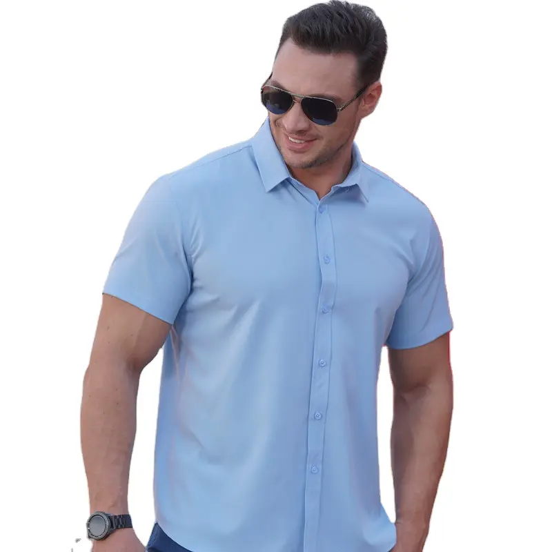 Chemise à manches courtes pour hommes 2024 Chemise d'été à revers boutonné décontractée Micro élastique couleur unie pour bureau d'affaires