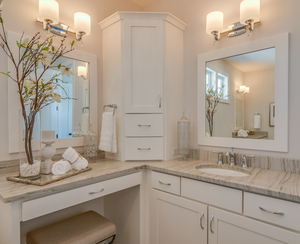 Gabinetes de baño de lujo RTA elegantes de estilo europeo con encimera de mármol de acero inoxidable y tocador de madera contrachapada de carcasa de MDF - Product Image 1