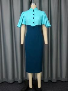 Vestido Midi Formal Elegante para Mujer, Talla Grande, con Cuello Alto, Mangas con Volantes y Bloques de Color en Azul Cielo - Product Image 5