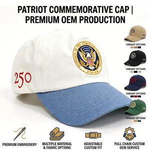 Gorra Personalizada para el 250 Aniversario, MOQ Bajo, OEM ODM, Parche con Sello de Águila Bordado, Dos Tonos Azul y Blanco, Estructurada de 5 Paneles - Product Image 1