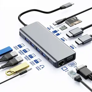 Dok laptop, USB C ke VGA + HDTV + USB 3.0 + PD + RJ45 + kartu rader Tipe C Docking station 12 in 1 USB 3.0 HUB